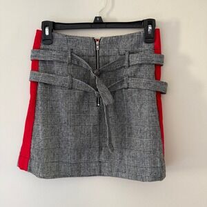 Mags & Pye Glen Plaid Mini Skirt Red Side Stripe Double Buckle Belted Grey 8